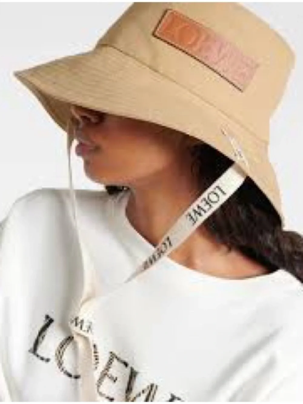 Beige Canvas Bucket Hat with Leather Logo Patch